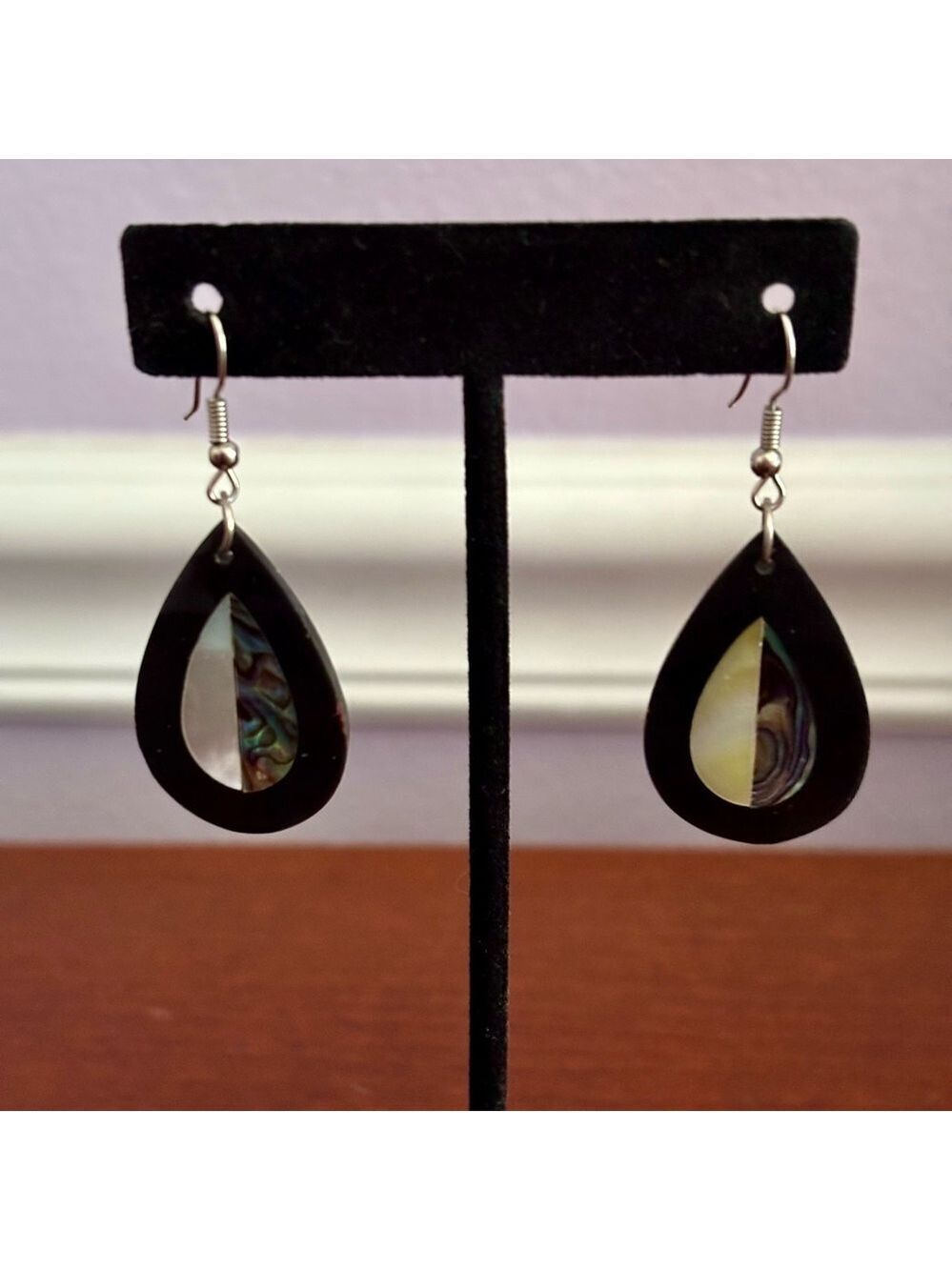 Boho Teardrop Dangle Earrings | Abalone & Mother-of-Pearl Inlay | Black Frame